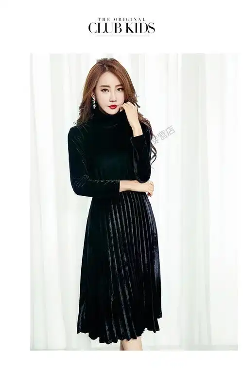 大码女装绒连衣裙长袖加厚宽松打底裙中长款高领百褶裙女秋冬 绿色 s