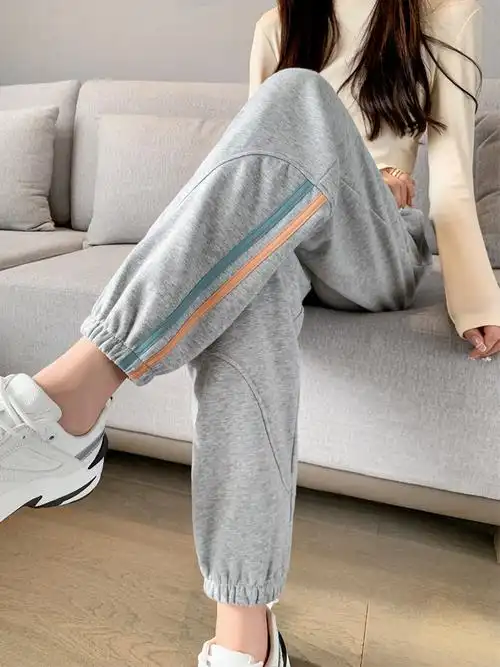 运动裤女春秋薄款宽松初中学生灯笼裤条纹束脚灰色大童纯棉裤子女