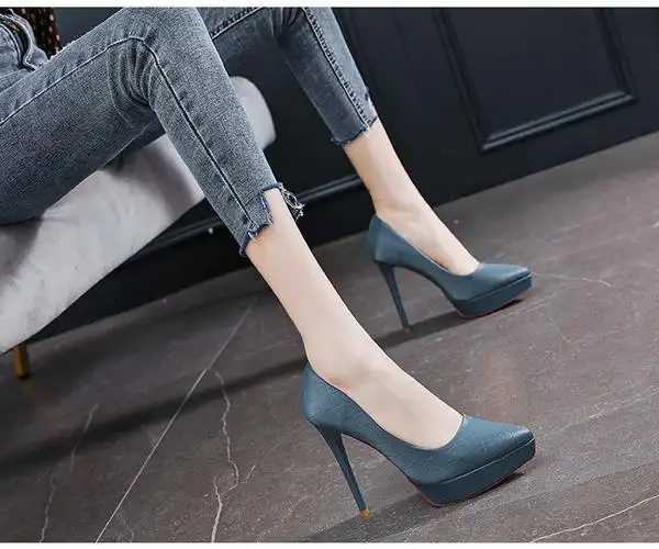 防水台女高跟鞋12cm细跟恨天高2022年新款春礼仪走秀尖头夜店单鞋的