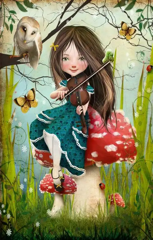 【jpg】坐在红色蘑菇上拉小提琴的女孩