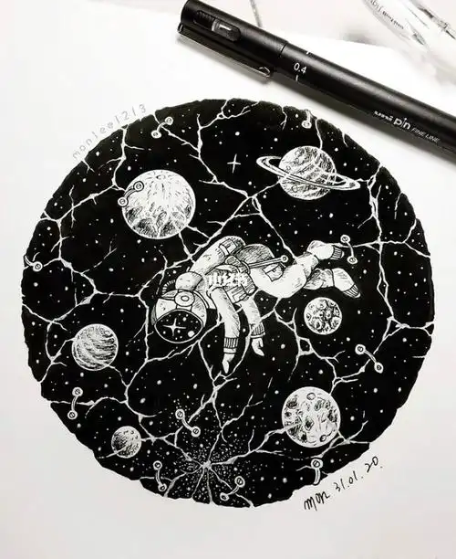 黑白装饰画_装饰画_考研_设计_手绘_宇航员_视觉传达设计考研手绘