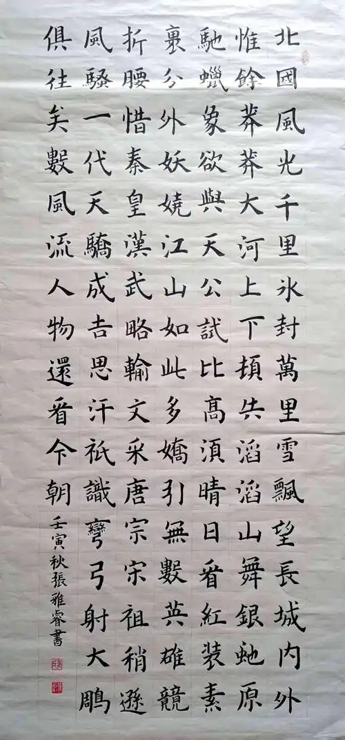 奔流少年·美术室丨毛笔楷书《沁园春.雪》_张雅睿