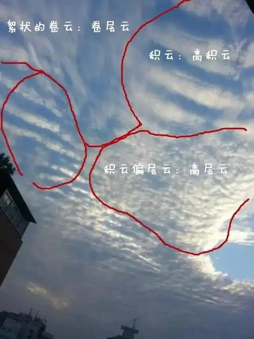 而这张,涵盖的云就更多了:比如这张,更多的是一种絮状的,偏高云族的