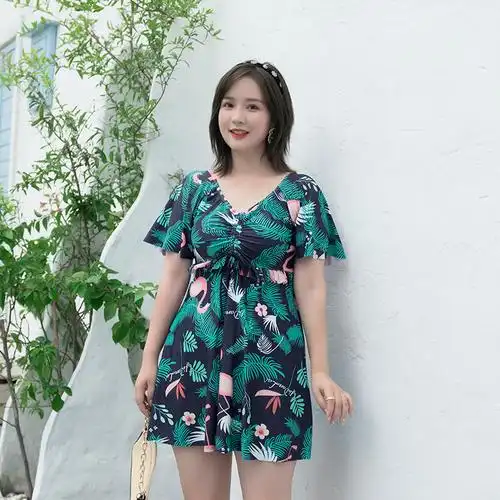 大码泳衣女200斤胖mm保守连体遮肚显瘦胖女士学生新款温泉游泳装 2118