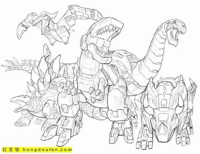 13张机器霸王龙和变形金刚汽车人大战卡通涂色简笔画