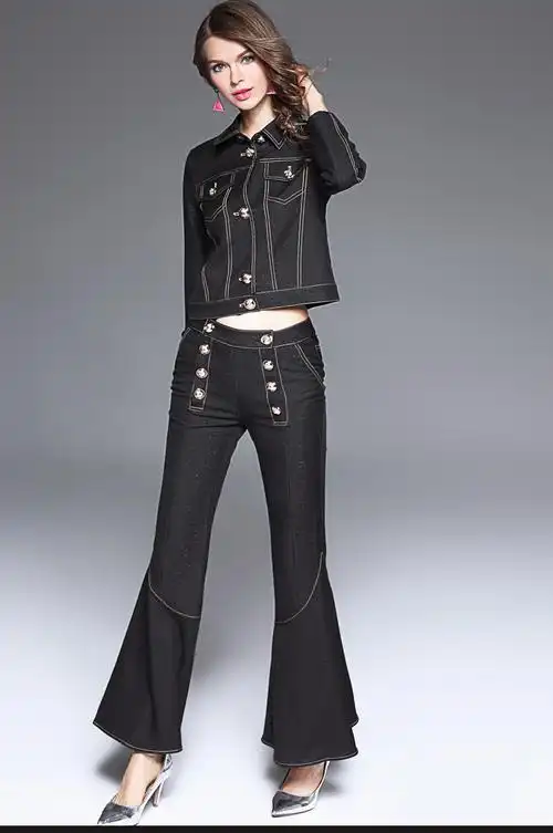 >> 韵韵欧洲站女装 >> 2016秋季新款欧洲站时尚修身短外套 喇叭裤套装