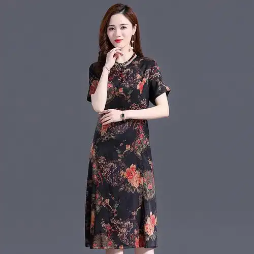 中长过膝复古印花真丝连衣裙女中中老年妈妈高贵连衣裙