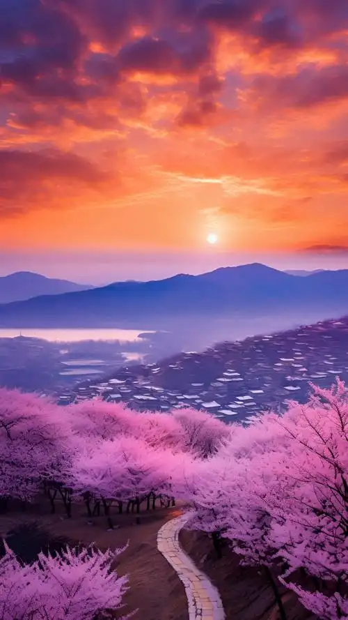 落日余晖中的粉色樱花海,每一帧都是心动!