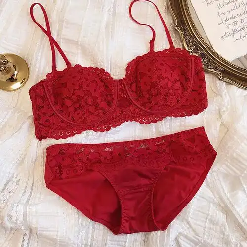 结婚内衣套装新娘本命年开运红色结婚蕾丝性感内衣有钢圈文胸套装大胸