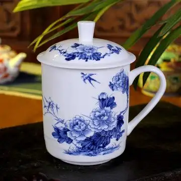 景德镇陶瓷茶杯青花瓷水杯骨瓷杯子带盖可定制办公会议杯礼品瓷杯