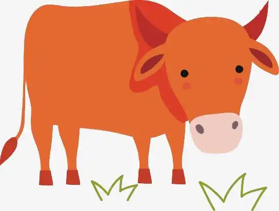 关键词 : 橘色,绿色,草丛,一头,尾巴,老牛, 卡通, 手绘