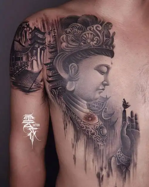 菩提纹身图片_胸部肩部新传统纹身图案