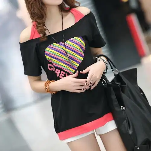 2014韩国夏装新款夏天衣服女装韩版大码宽松假两件套短袖女t恤潮