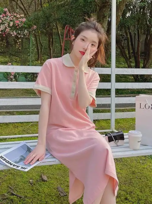 粉色polo连衣裙女夏2022新款小个子甜美奶甜茶歇法式可甜可盐裙子