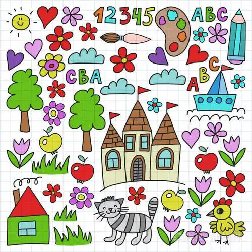 幼儿园图案, 绘制儿童园林元素图案, 涂鸦画, 矢量插图, 五颜六色.笼