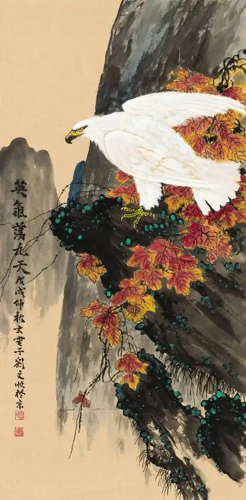 国画老鹰代表着权力的象征,对于老鹰的状态,鹰击长空,代表着对命运的