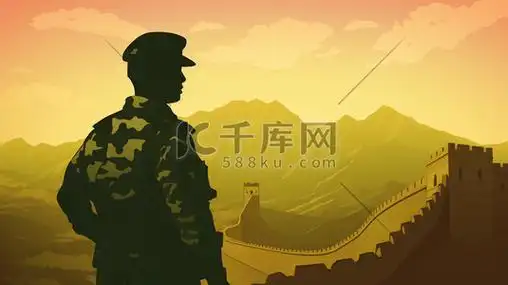 年轻的军人在长城站岗