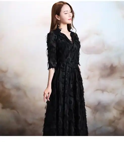 晚礼服2018新款黑色长袖长款高贵优雅主持人公司年会小礼服裙冬女