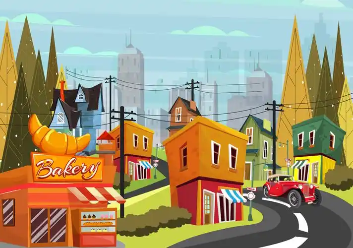 卡通小城街边风景矢量素材_风景建筑_懒人图库