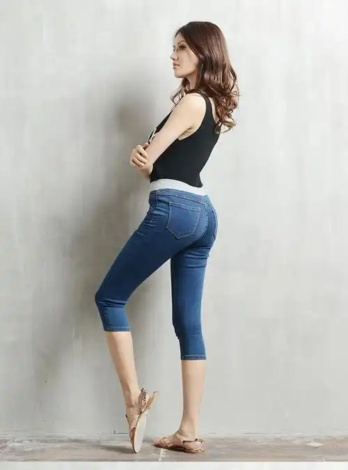 弹力松紧腰牛仔裤女七分裤夏季薄款大码7分显瘦紧身小脚铅笔中裤