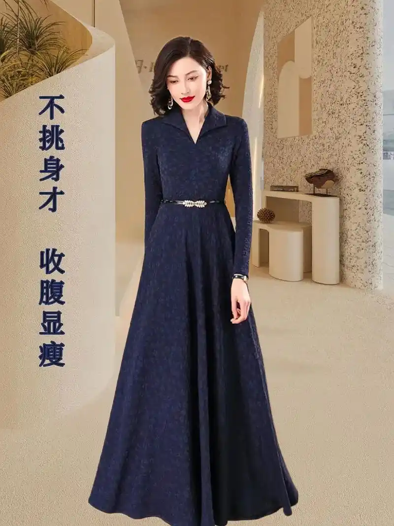 洋气减龄【春秋新款,优雅藏蓝长袖连衣裙,女士长款设计,尽显 - 抖音
