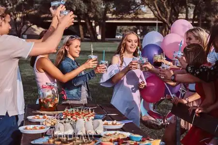 快乐的朋友欢呼与果汁在野餐派对户外照片