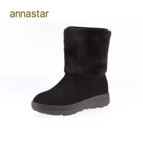 annastar秋冬新款真皮女士休闲舒适平底中筒靴毛靴雪地靴女鞋女靴