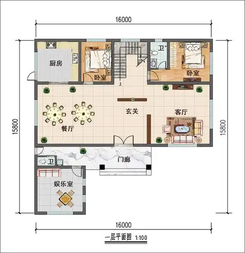 一层户型:客厅,玄关,餐厅,厨房,娱乐室,卧室,卧室(带卫生间)二层户型