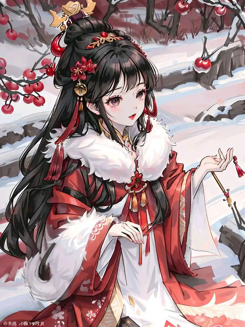 一组古风少女插画欣赏,红装白雪,相得益彰.