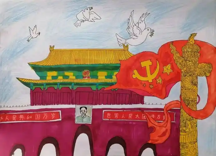六年级同学以"向建党100周年献礼"为主题的绘画作品.