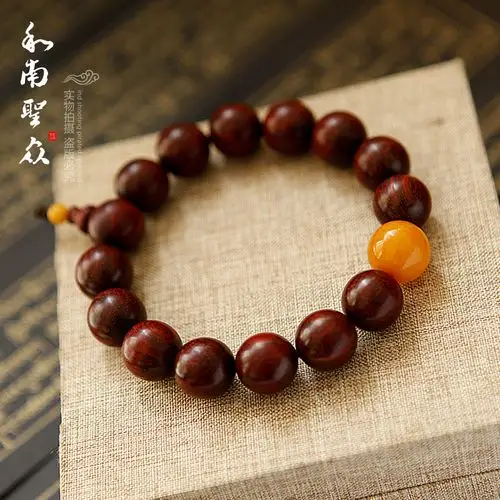 南圣天然小叶紫檀手串配老蜜蜡文佛珠手链