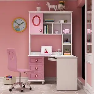 儿童家用书桌电脑台式桌简约学生书桌组合书架女生粉色现代学习桌