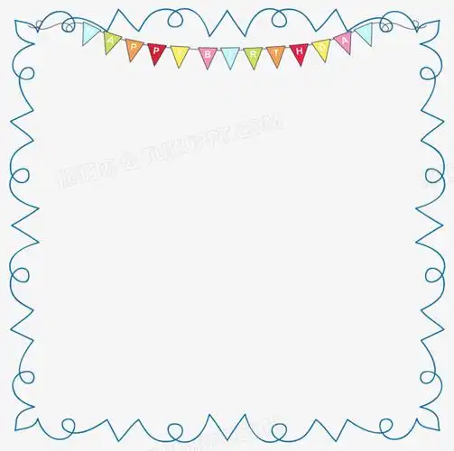 本作品全称为《蓝色简约手绘儿童随意绘画笔线边框挂彩带元素》,在