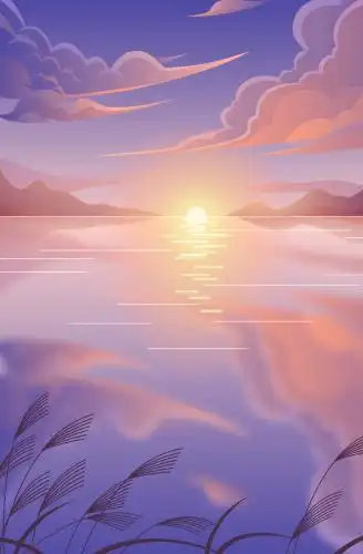 海边夕阳风景插画 夕阳