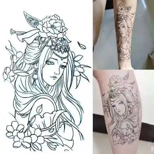 半臂逼真割线虞姬线条刺青艺妓花臂纹身贴貂蝉滴泪艺伎纹身贴纸