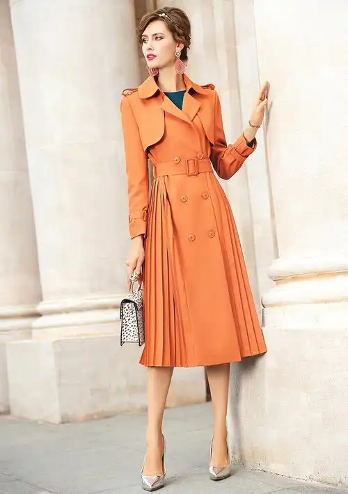 菲梦伊长袖风衣外套女中长款秋冬新款双排扣显瘦时尚百褶大衣大码