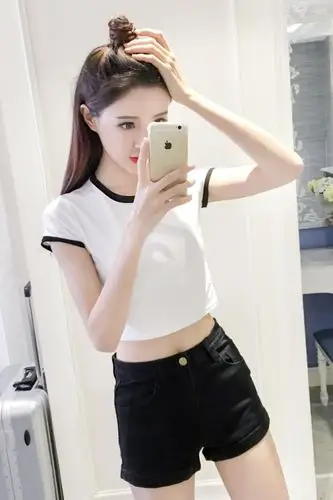韩版aa款性感露脐装紧身上衣女短款高腰漏肚脐修身显瘦短袖t恤