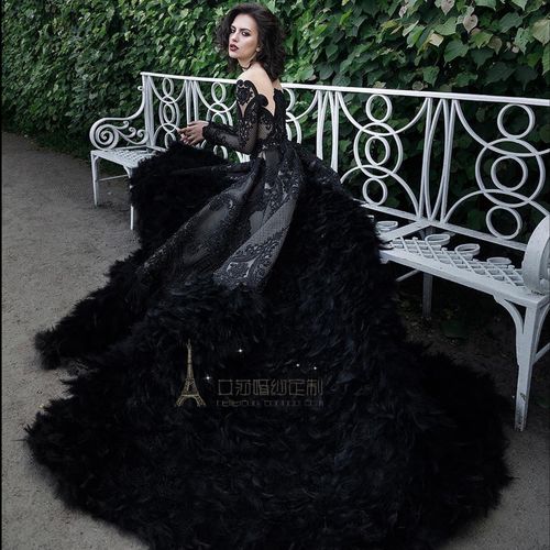 热销婚纱礼服 新娘 拖尾 奢华羽毛_奢华黑色婚纱礼服 暗黑系新娘重工