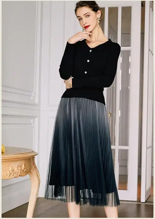 蓝色百褶裙2021年秋季新款a字半身裙时尚百搭显瘦中长款网纱裙女深蓝