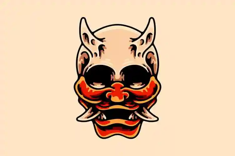 头骨鬼面具卡通矢量插画 skull wearing oni mask