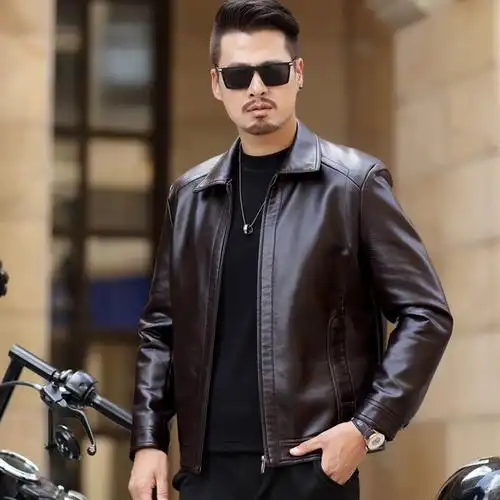 杰克琼斯皮衣男 pu皮_海宁真皮皮衣男士翻领皮夹克春秋季薄款上衣中年