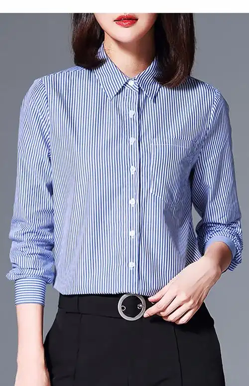 蓝色条纹衬衫女长袖纯棉职业衬衣打底宽松时尚气质蓝白竖条纹上衣