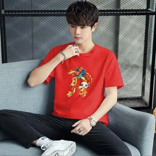 t恤男女情侣国潮文字新年拜年半袖 衣服diy 2024龙年本命年红色短袖 -