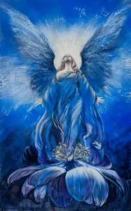 庄严的蓝色爱情天使仰望着神圣的天空照片