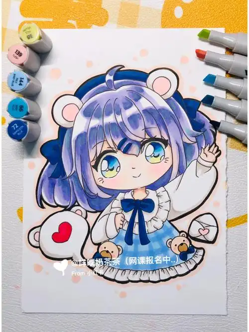 q版动漫半身马克笔绘画手绘步骤图女生