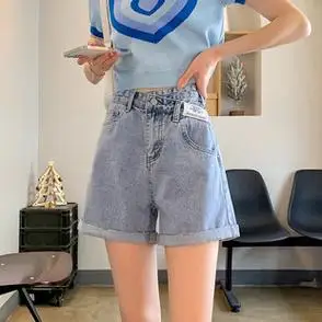 夏天胖mm斜扣设计直筒休闲阔腿a字热裤女装子ins薄款卷边牛仔短裤