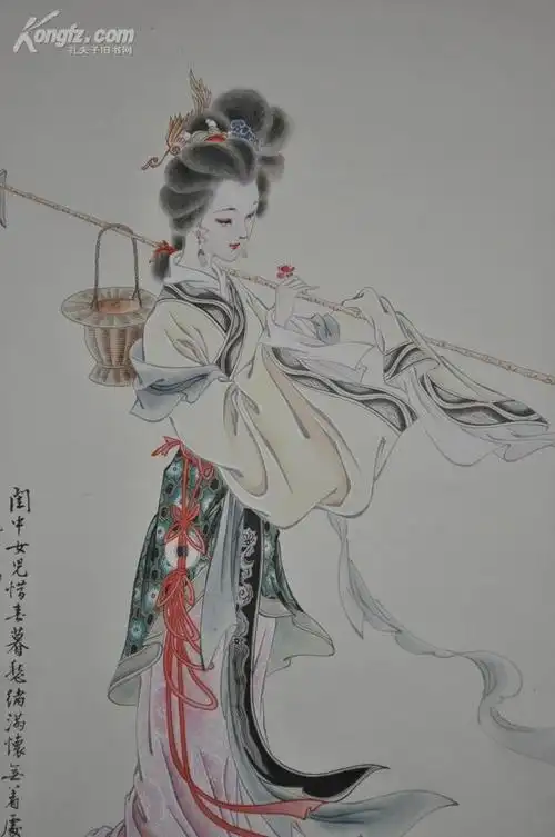 吴方工笔林黛玉葬花图精裱立轴真迹画心66x43cm