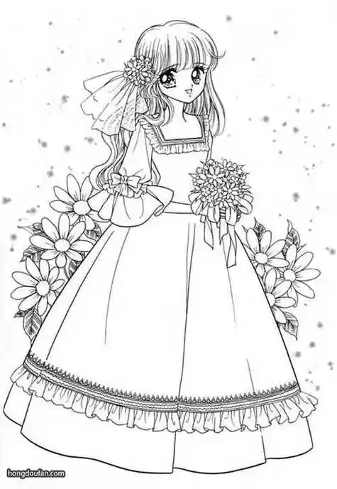 手拿捧花的大眼睛漫画公主涂色简笔画大全