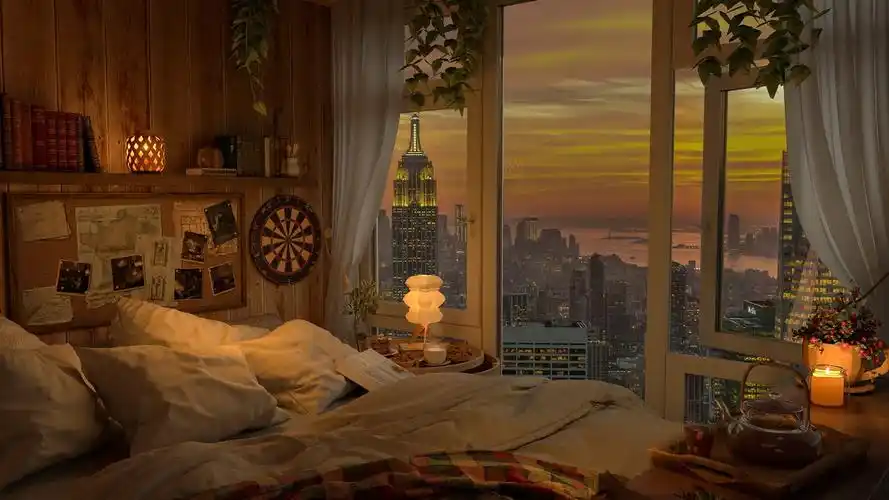 【jazzy coffee】4k 舒适卧室,日落时分可欣赏纽约夜