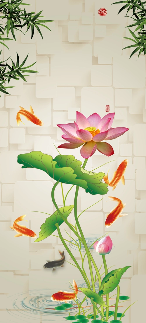 中国风荷花鲤鱼玄关海报背景素材